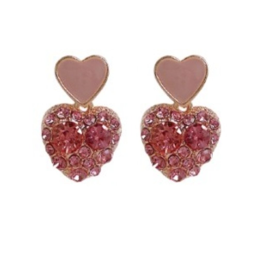 Pink Rhinestone Cluster Heart Earrings.
